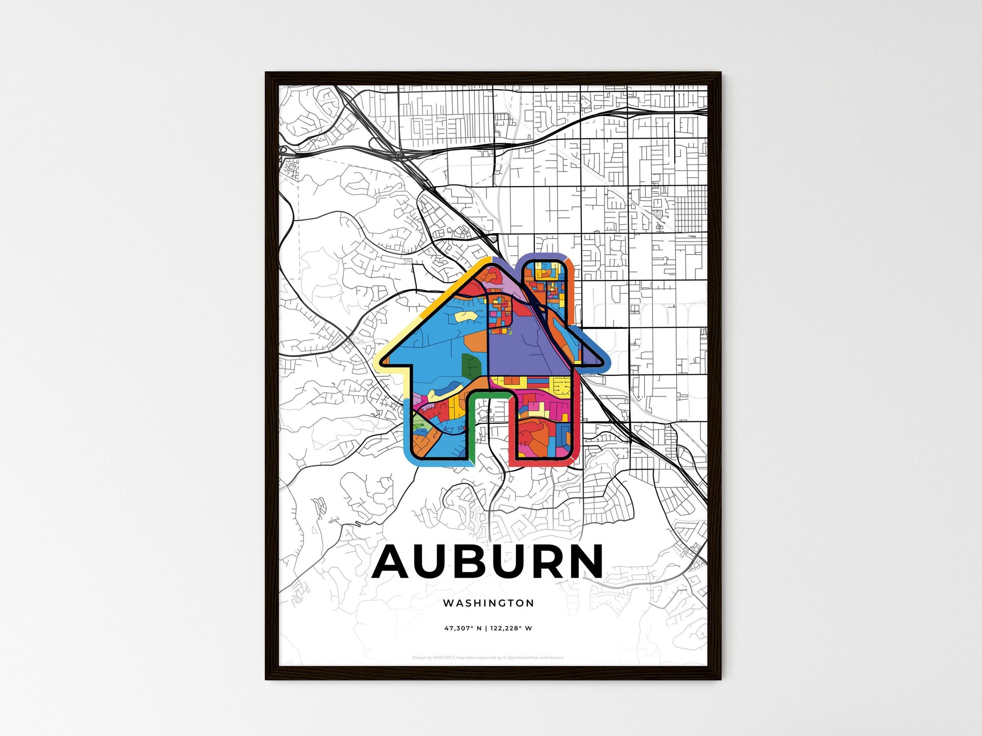 AUBURN WASHINGTON minimal art map with a colorful icon. Where it all began, Couple map gift. Style 3