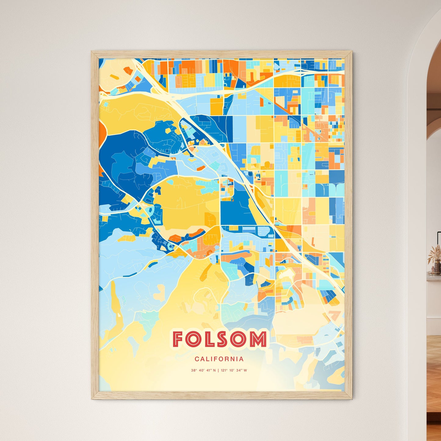Colorful Folsom California Fine Art Map Blue Orange