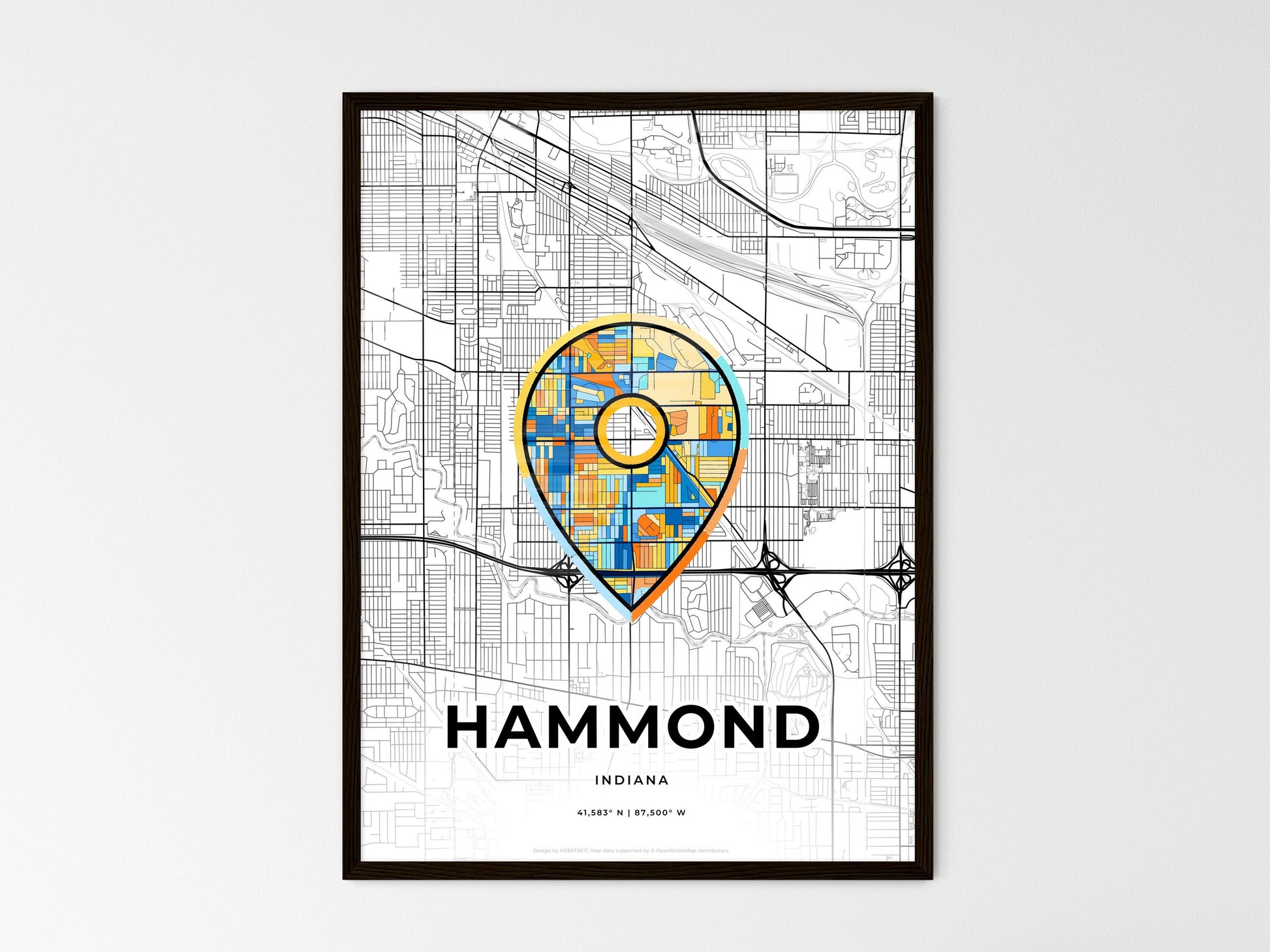Hammond Indiana wedding art map with pointer icon