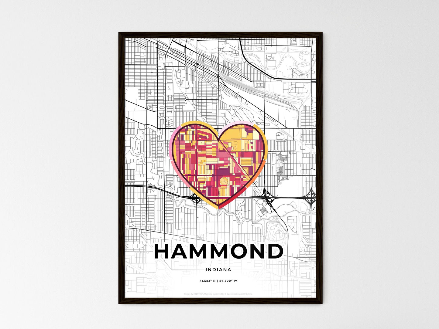 Hammond Indiana wedding art map with heart icon