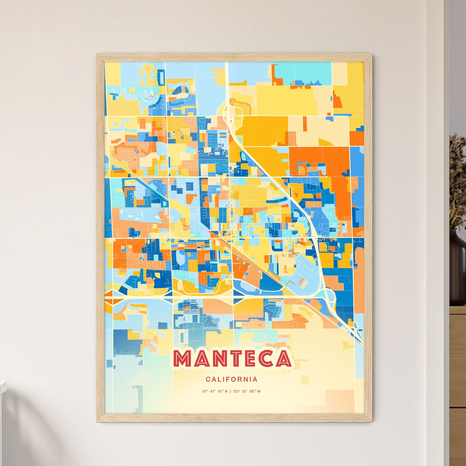 Colorful Manteca California Fine Art Map Blue Orange