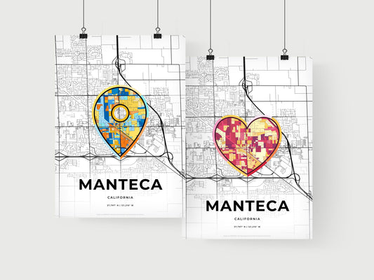 MANTECA CALIFORNIA minimal art map with a colorful icon. Where it all began, Couple map gift.