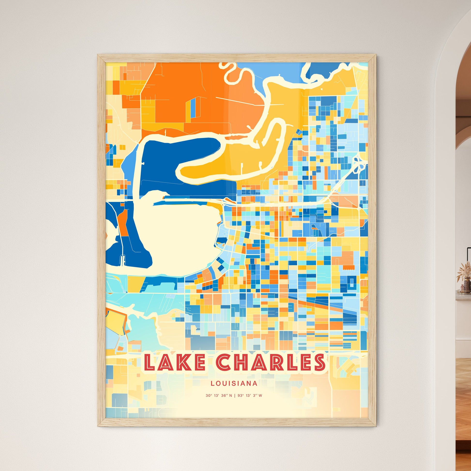 Colorful Lake Charles Louisiana Fine Art Map Blue Orange