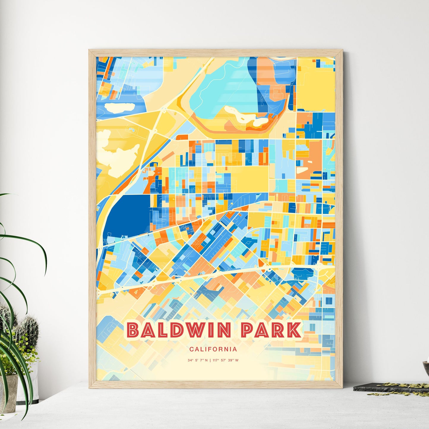 Colorful Baldwin Park California Fine Art Map Blue Orange