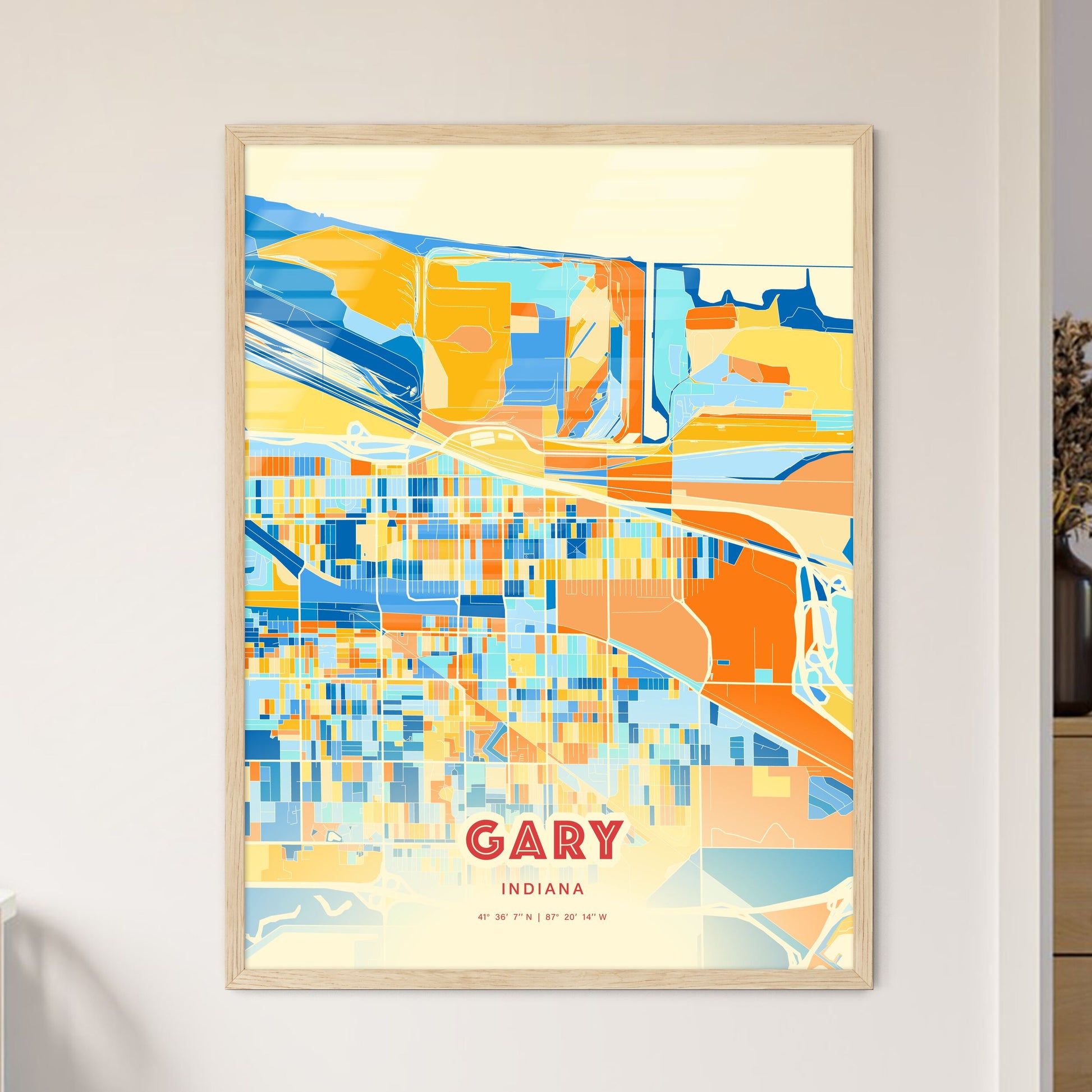 Colorful Gary Indiana Fine Art Map Blue Orange