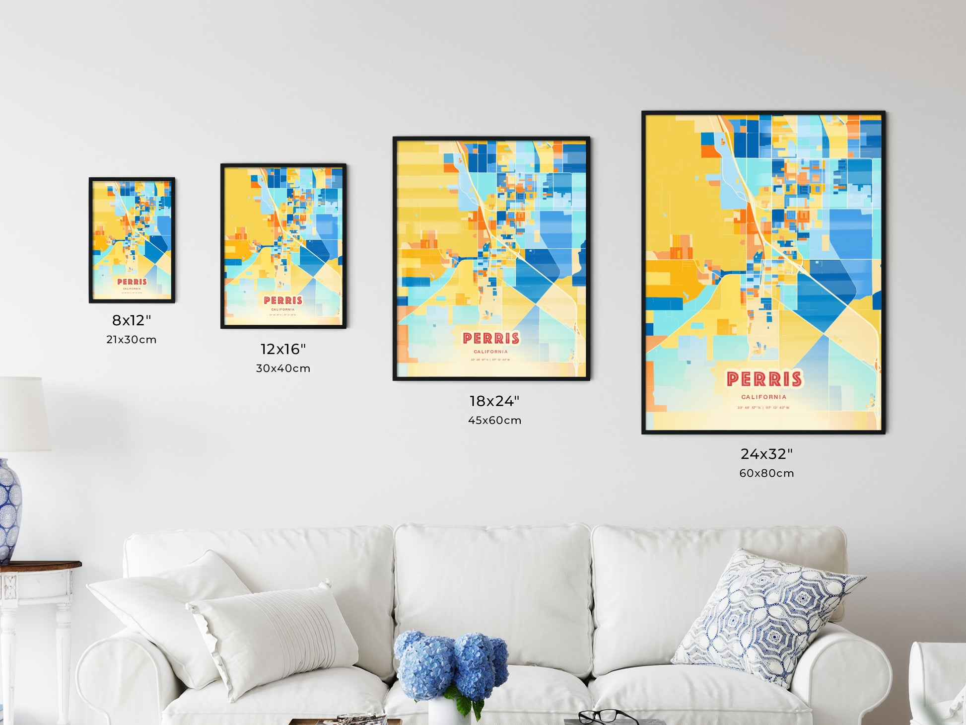 Colorful PERRIS CALIFORNIA Fine Art Map Blue Orange