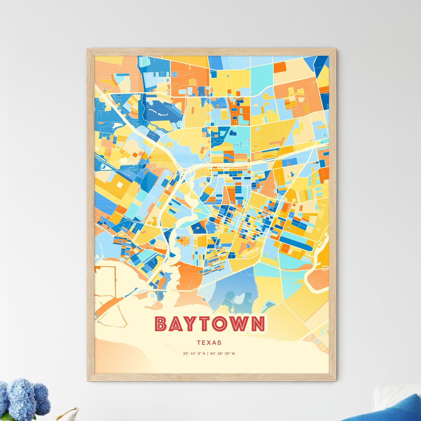 Colorful Baytown Texas Fine Art Map Blue Orange