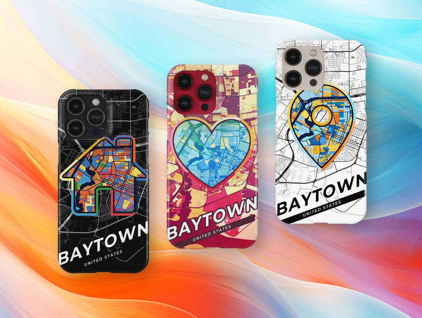 Baytown Texas slim phone case with colorful icon. Birthday, wedding or housewarming gift. Couple match cases.