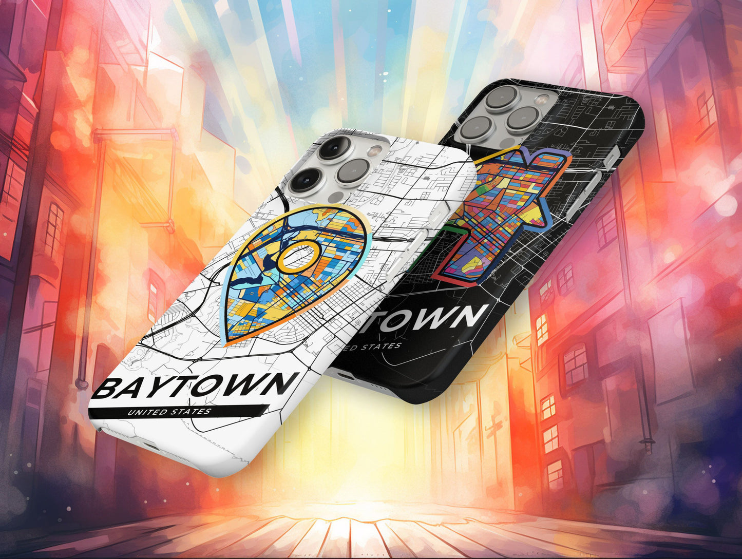 Baytown Texas slim phone case with colorful icon. Birthday, wedding or housewarming gift. Couple match cases.