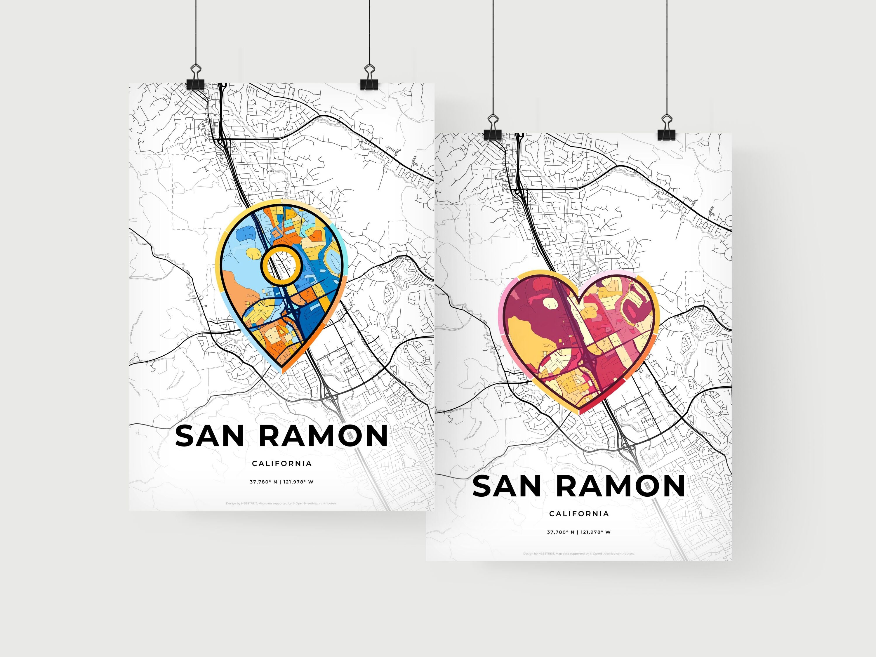 Art Map of San Ramon California, Minimal Art Map With A Colorful Icon ...