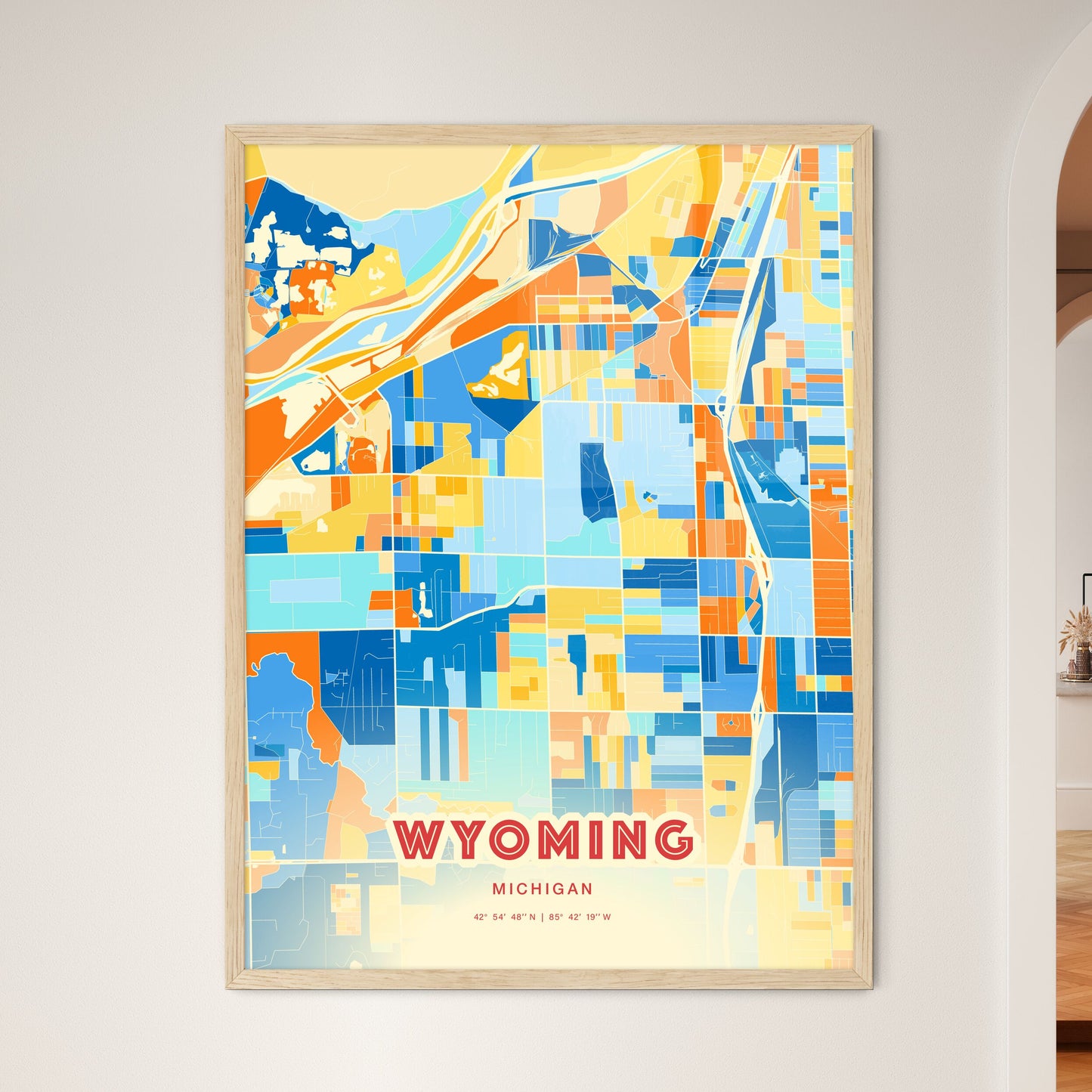 Colorful Wyoming Michigan Fine Art Map Blue Orange