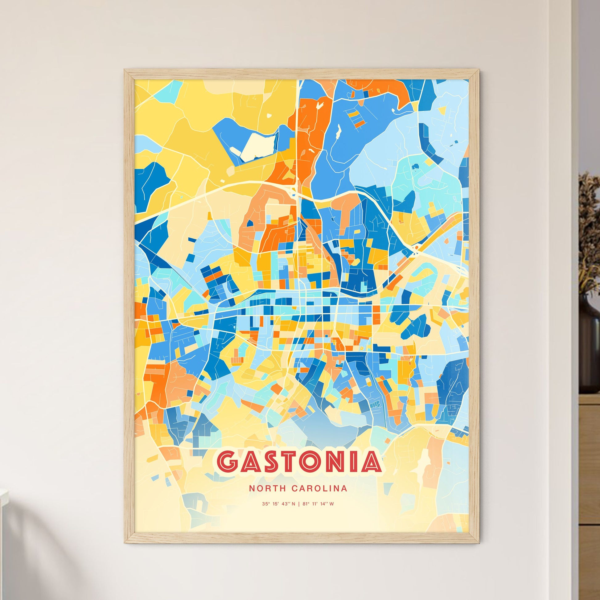 Colorful Gastonia North Carolina Fine Art Map Blue Orange