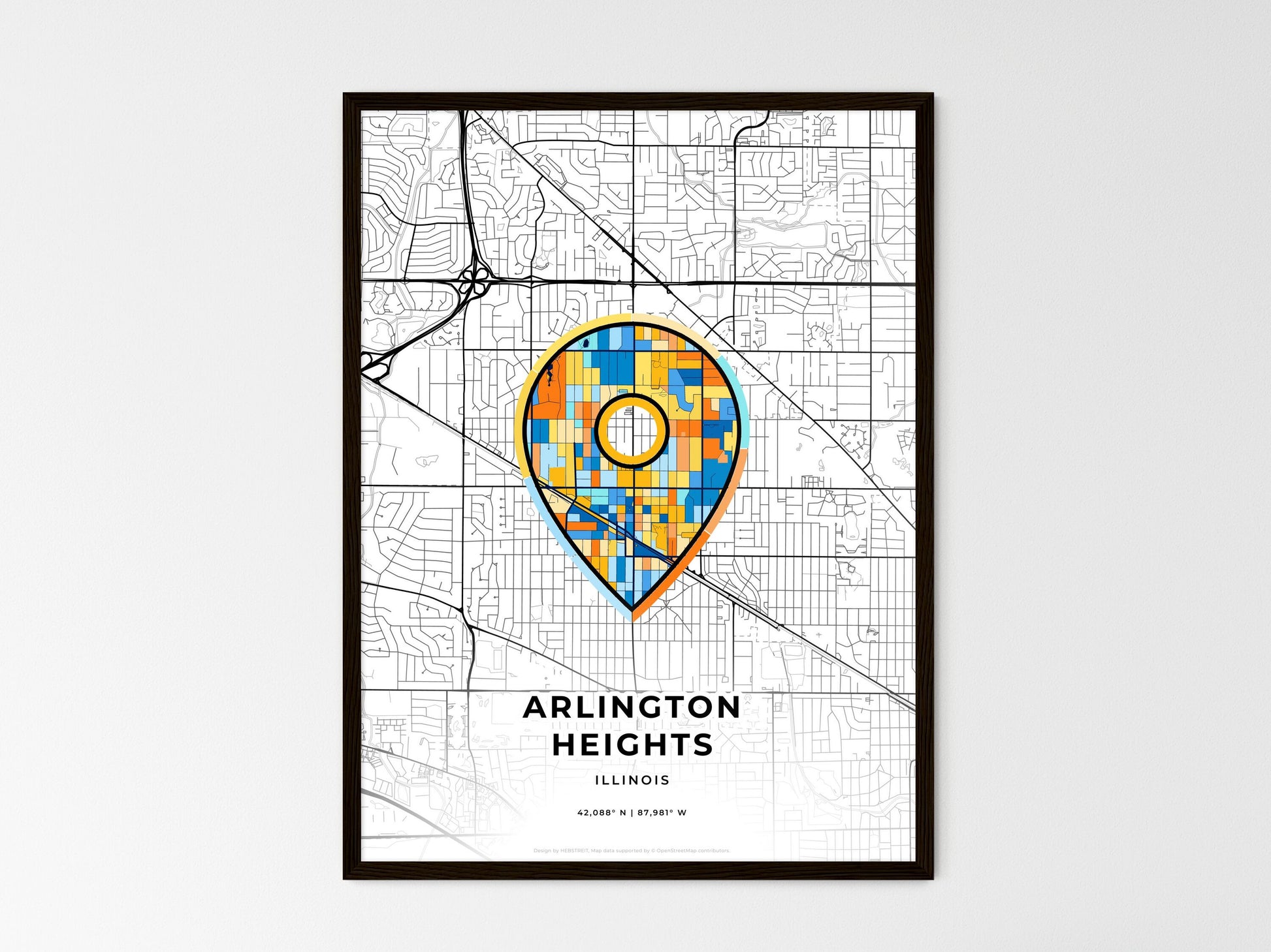 ARLINGTON HEIGHTS ILLINOIS minimal art map with a colorful icon. Where it all began, Couple map gift. Style 1