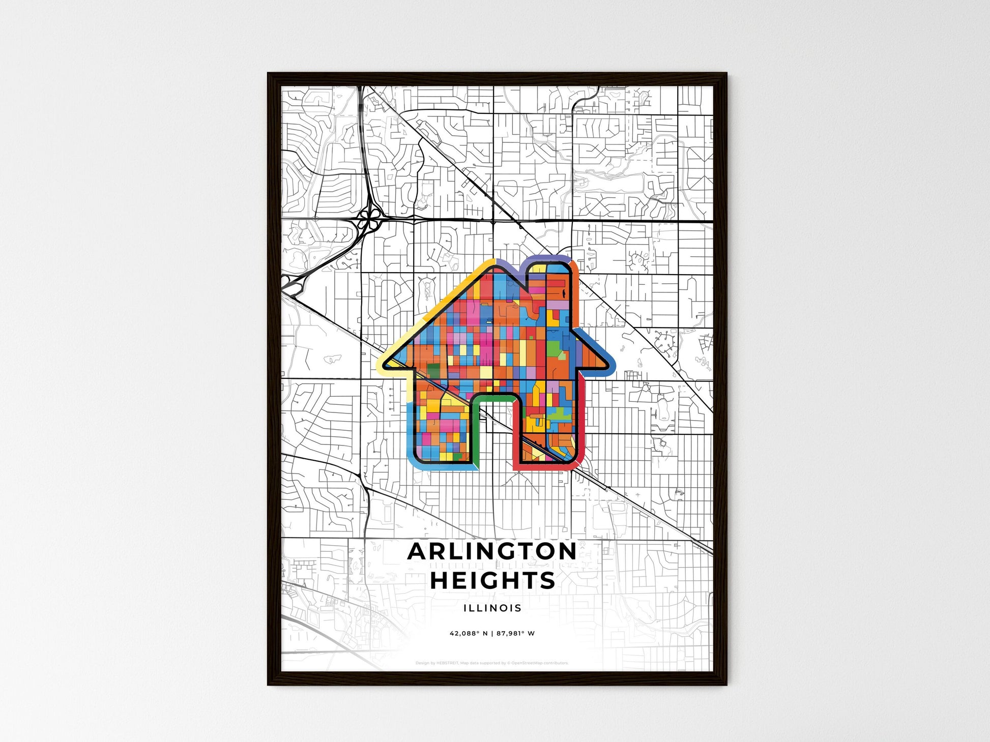 ARLINGTON HEIGHTS ILLINOIS minimal art map with a colorful icon. Where it all began, Couple map gift. Style 3