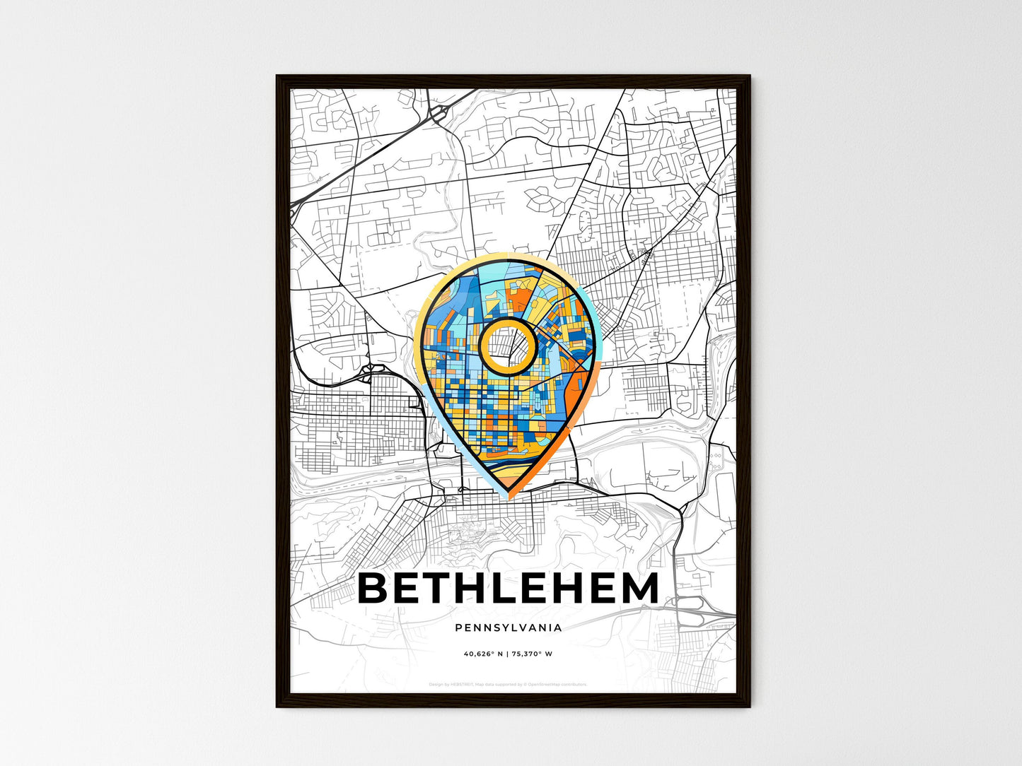 Bethlehem Pennsylvania wedding art map with pointer icon