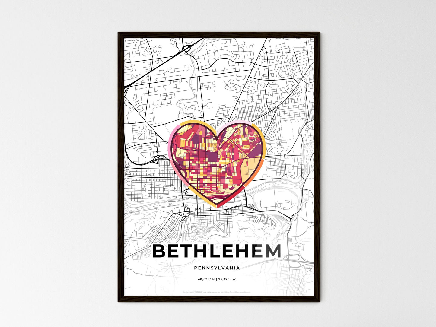 Bethlehem Pennsylvania wedding art map with heart icon