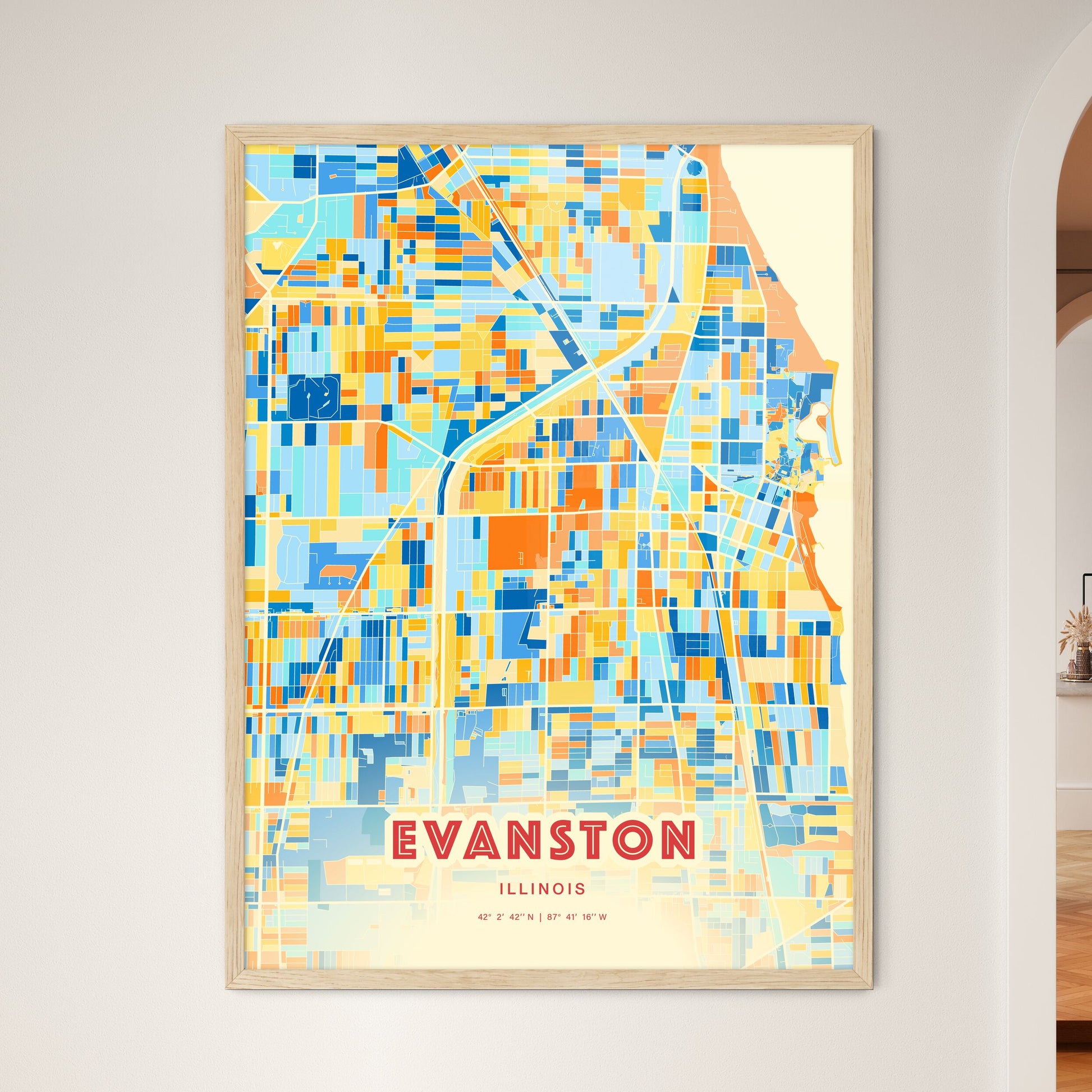 Colorful Evanston Illinois Fine Art Map Blue Orange