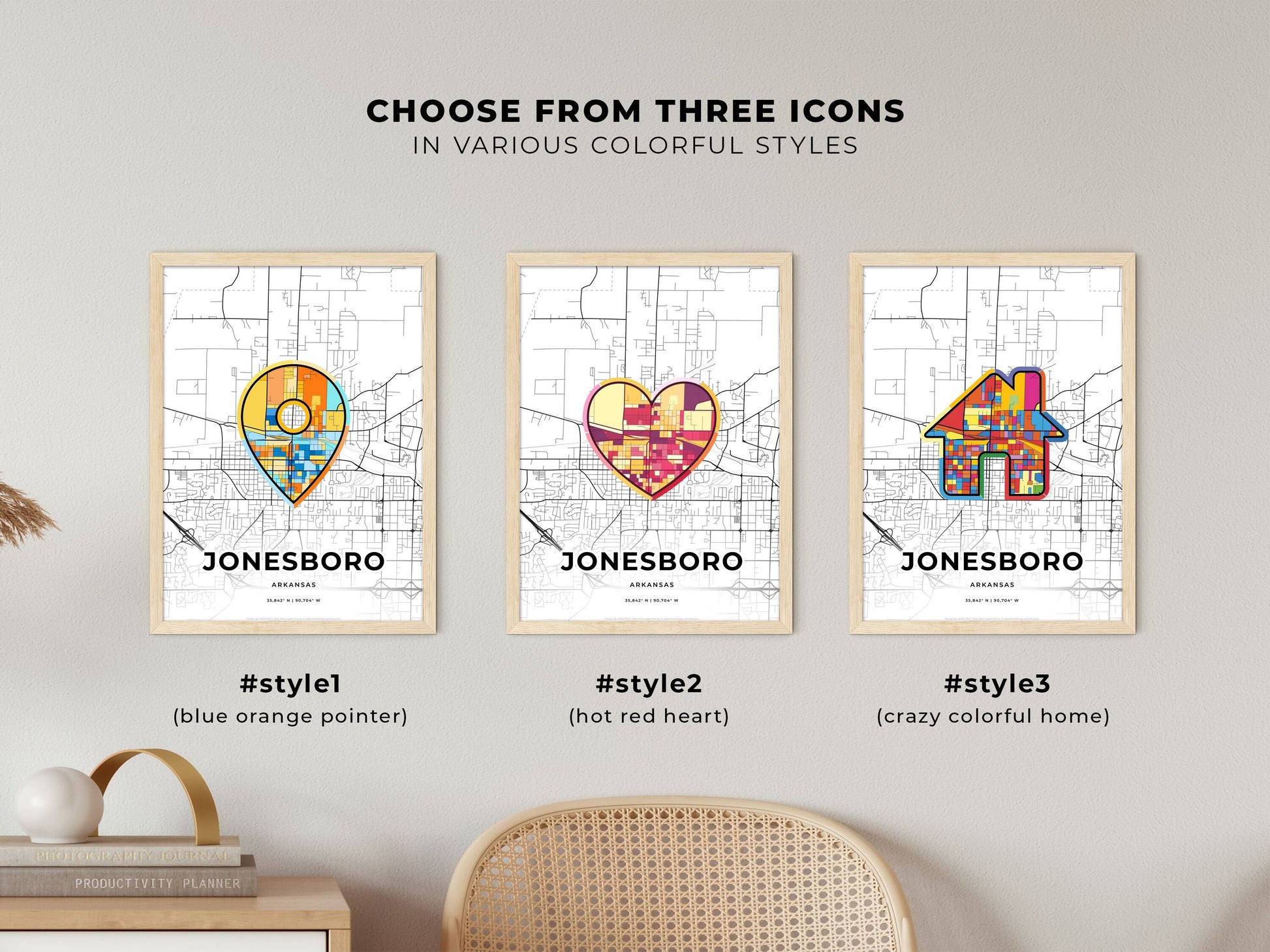 Jonesboro Arkansas maps with colorful icons