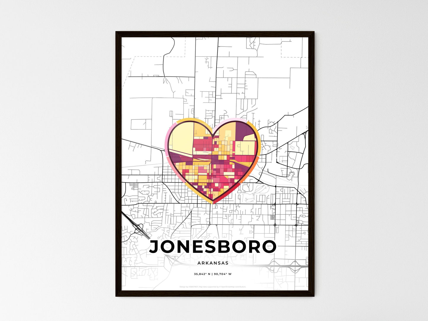 Jonesboro Arkansas wedding art map with heart icon
