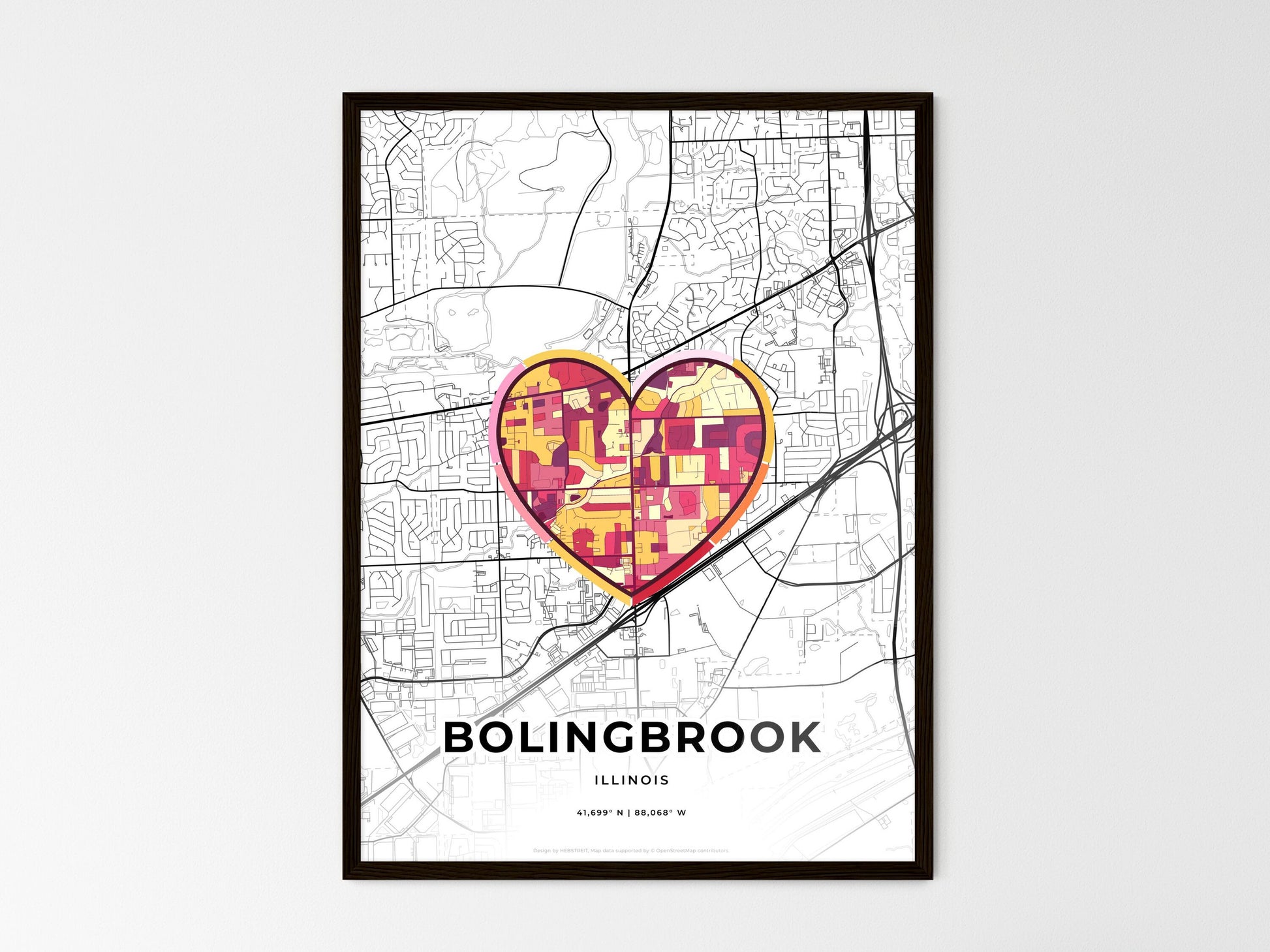 Bolingbrook Illinois wedding art map with heart icon