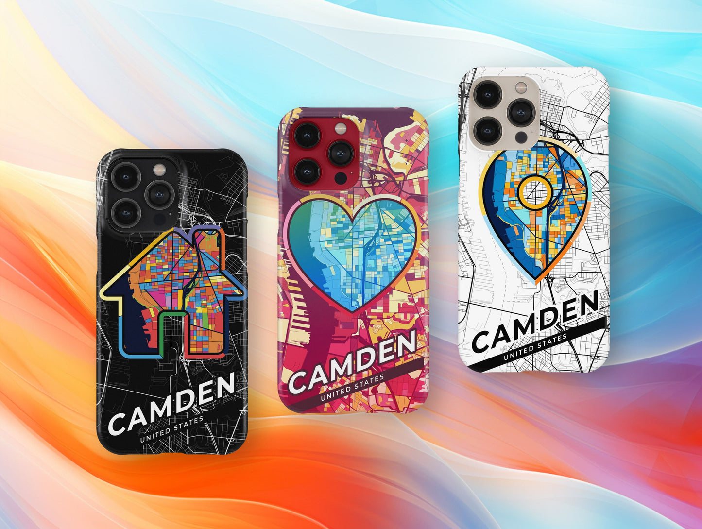 Camden New Jersey slim phone case with colorful icon. Birthday, wedding or housewarming gift. Couple match cases.