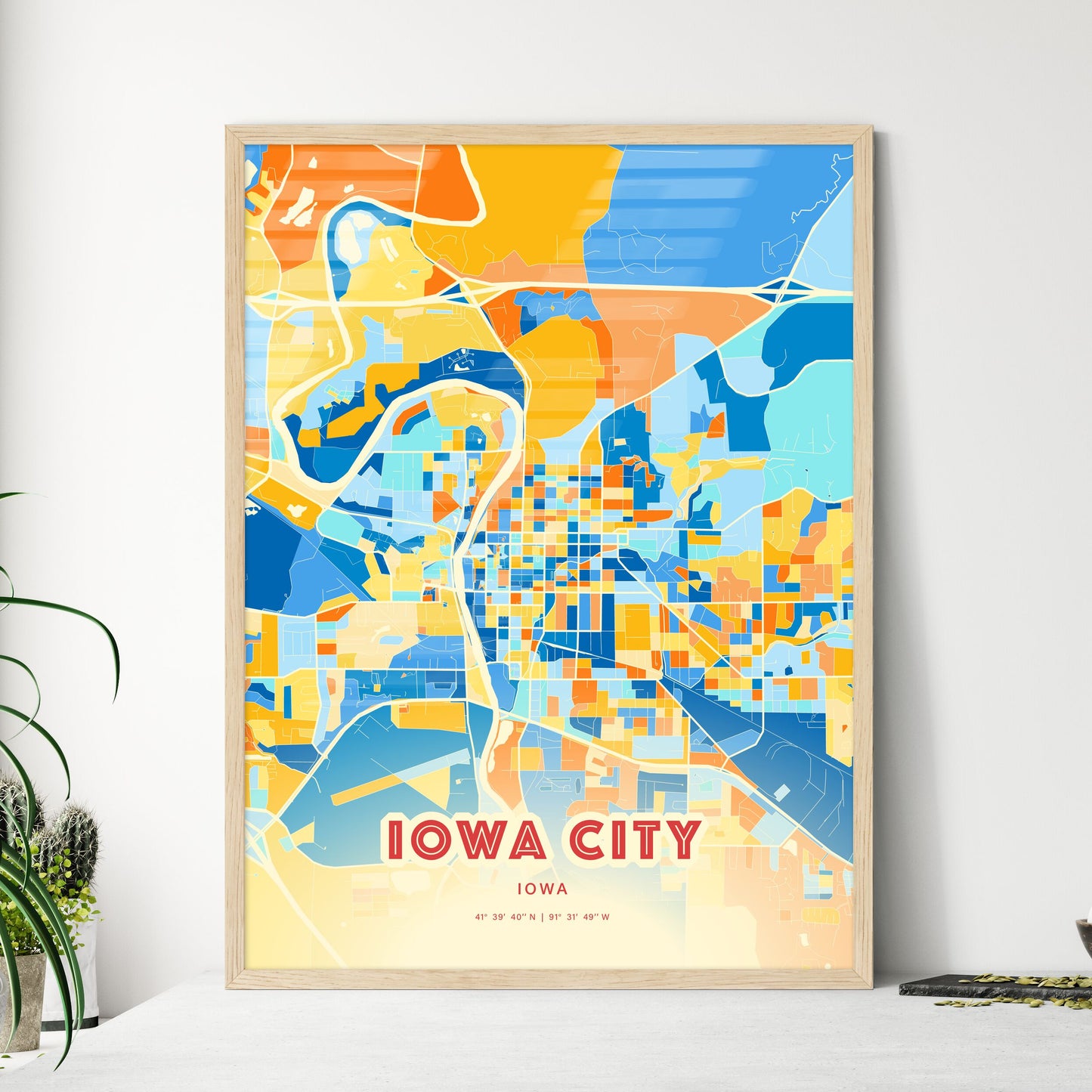 Colorful Iowa City Iowa Fine Art Map Blue Orange