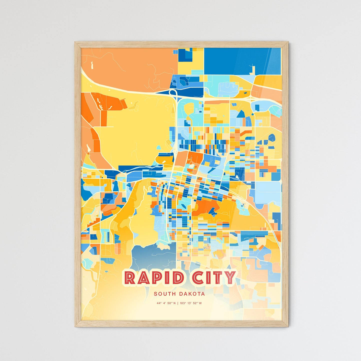 Colorful Rapid City South Dakota Fine Art Map Blue Orange