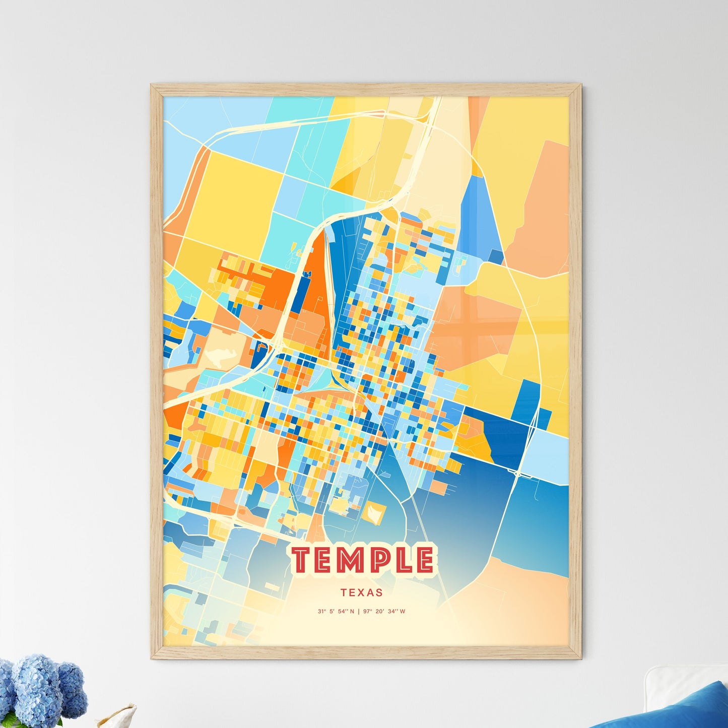 Colorful Temple Texas Fine Art Map Blue Orange