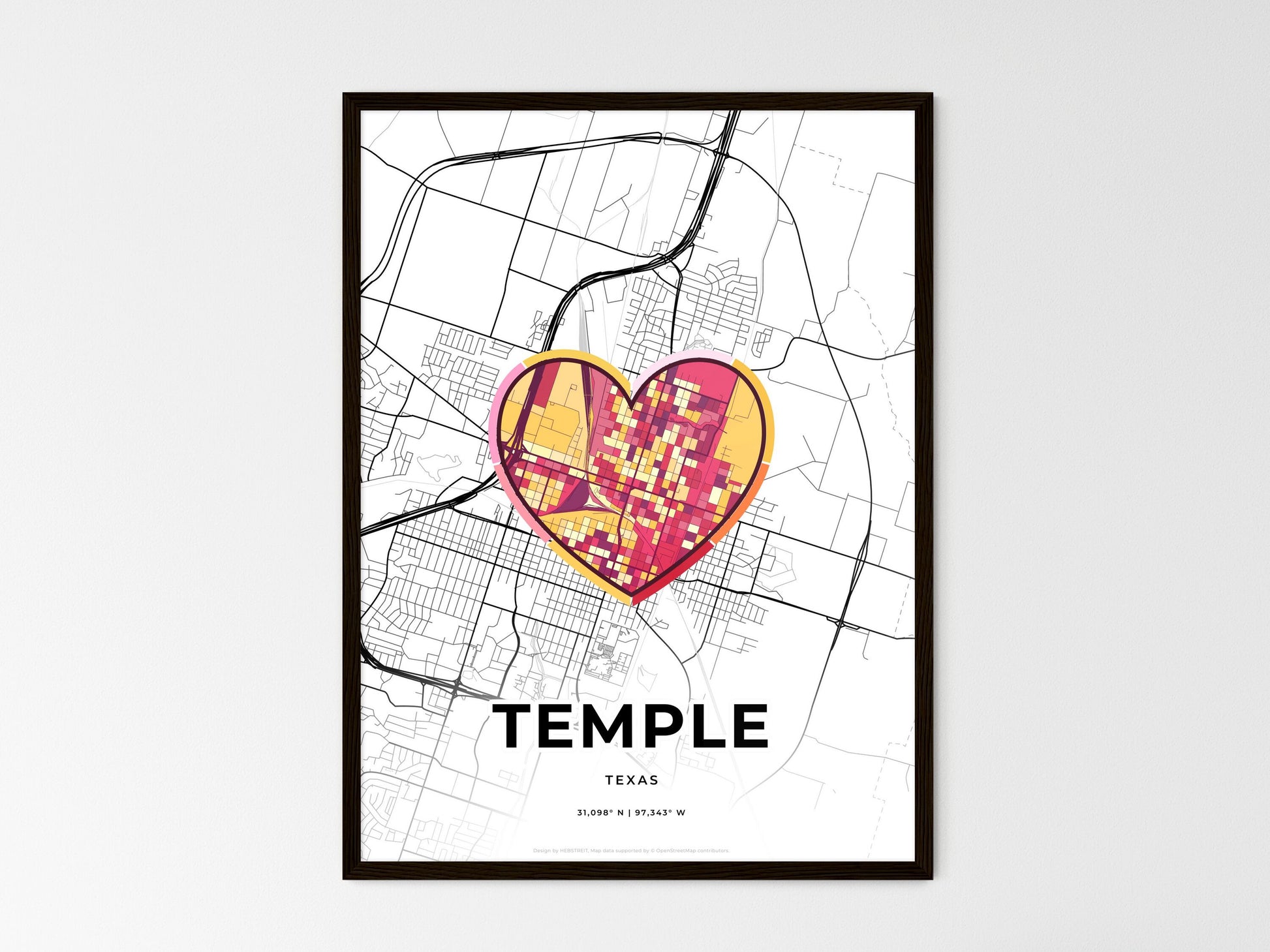 Temple Texas wedding art map with heart icon