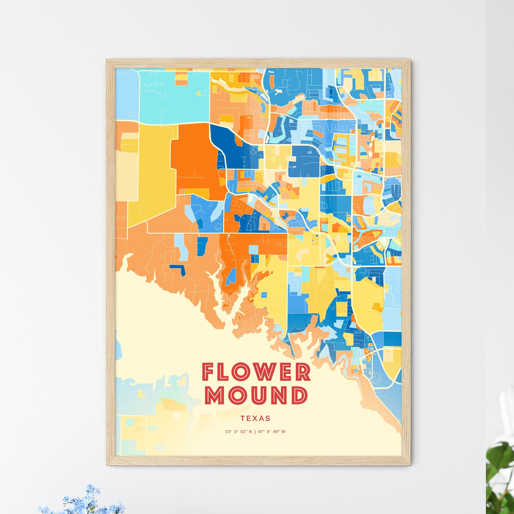 Colorful Flower Mound Texas Fine Art Map Blue Orange