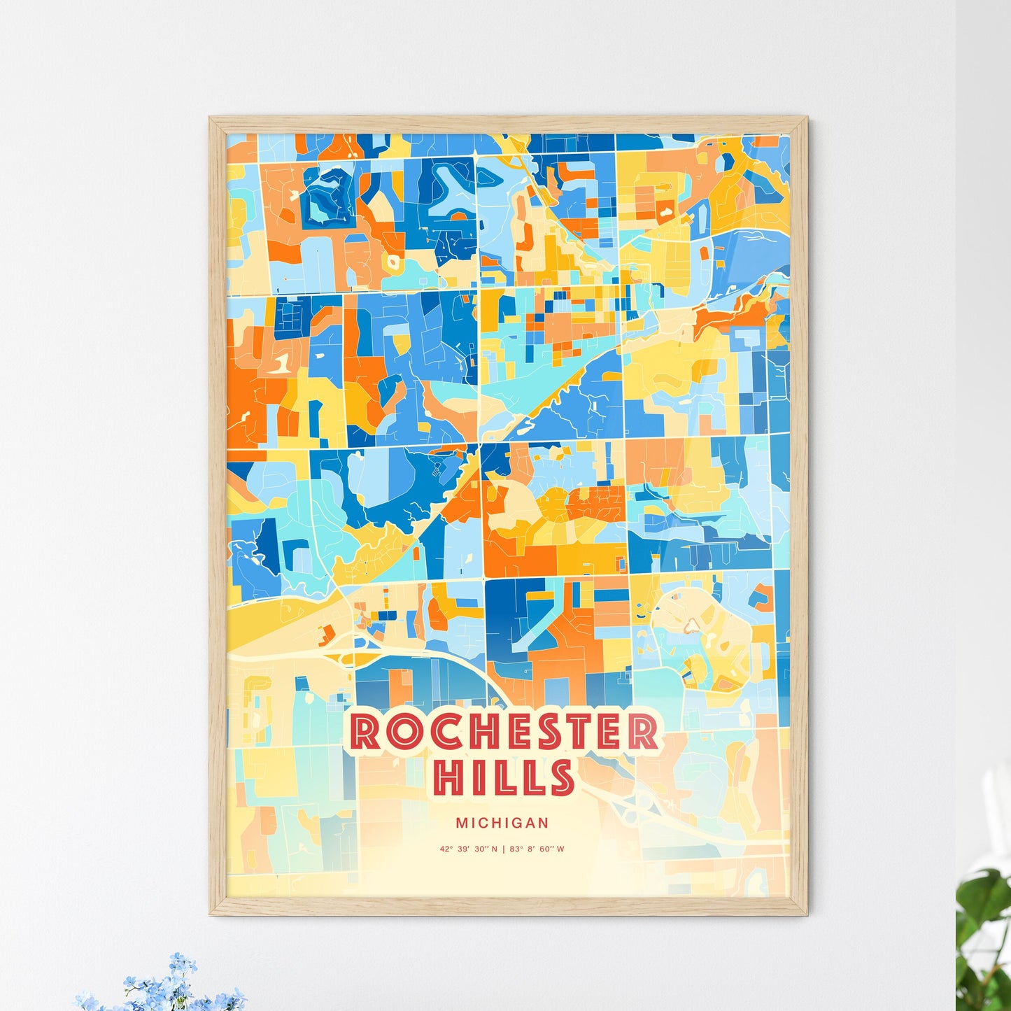 Colorful Rochester Hills Michigan Fine Art Map Blue Orange