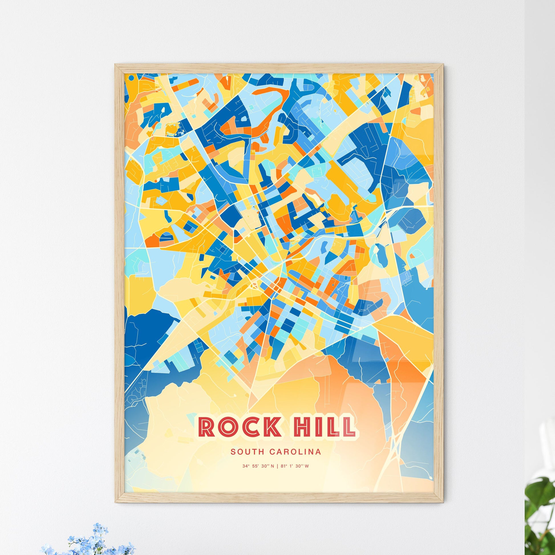 Colorful Rock Hill South Carolina Fine Art Map Blue Orange