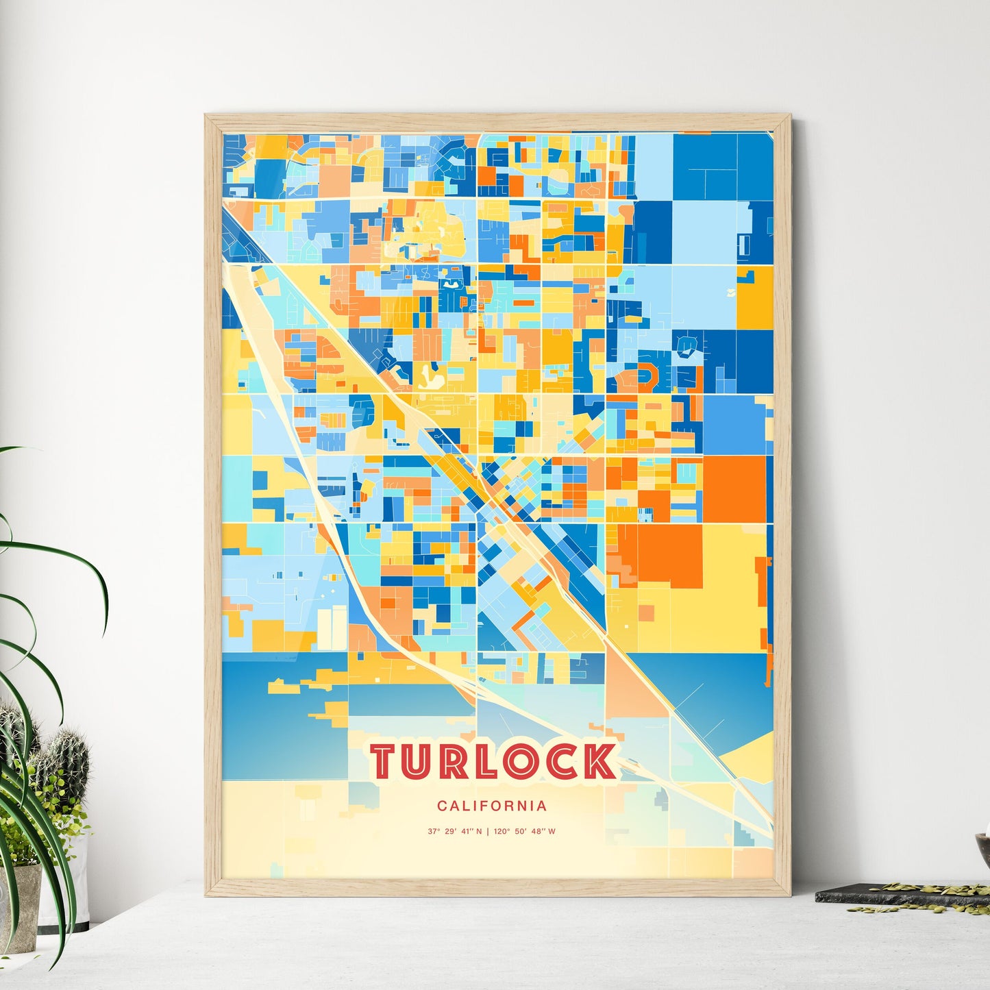 Colorful Turlock California Fine Art Map Blue Orange