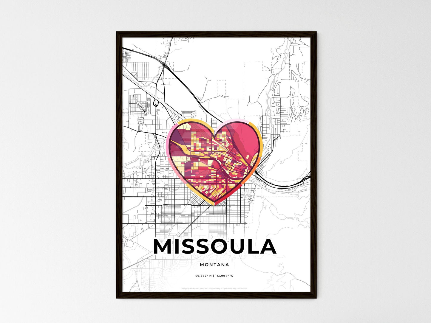 Missoula Montana wedding art map with heart icon