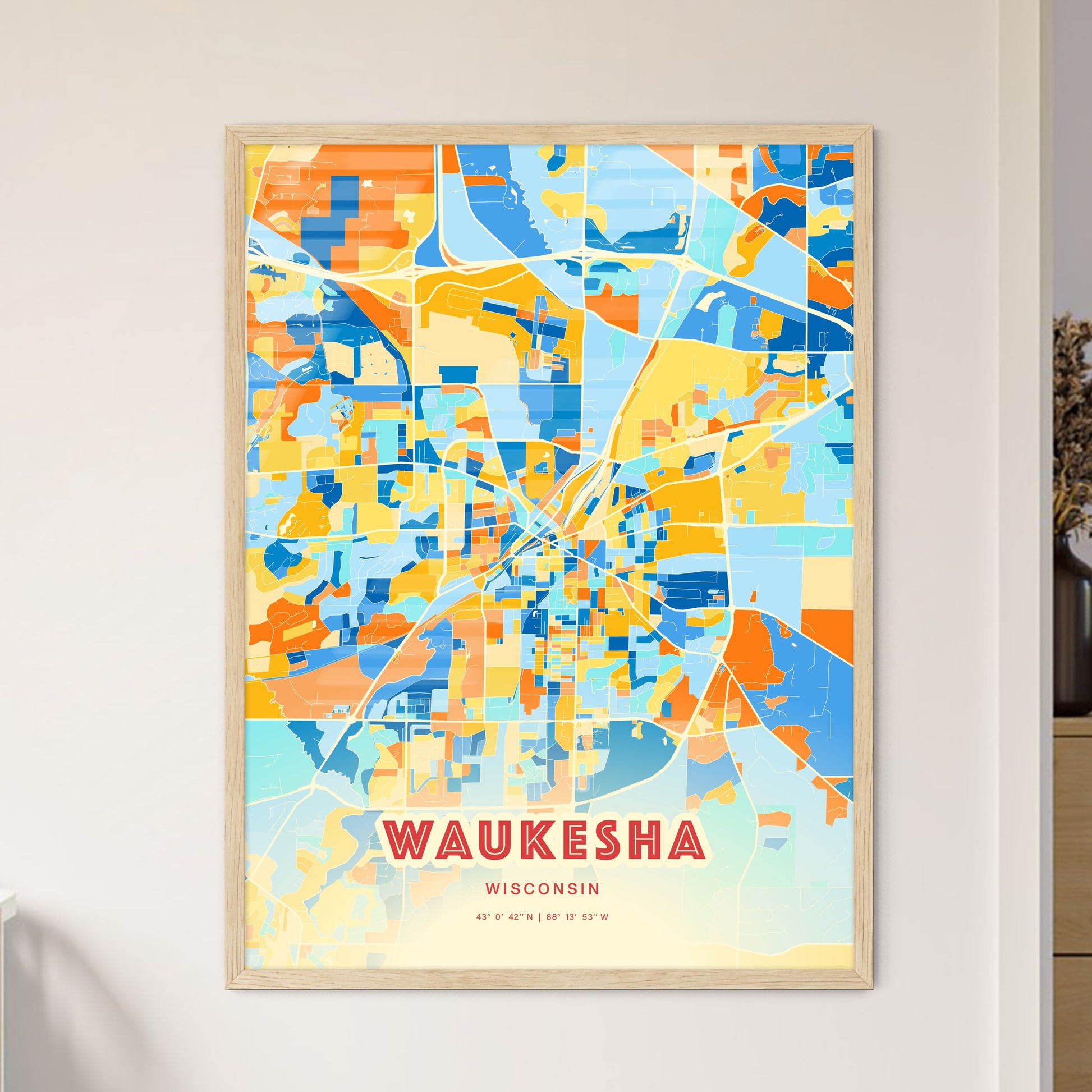 Colorful WAUKESHA WISCONSIN Fine Art Map Blue Orange