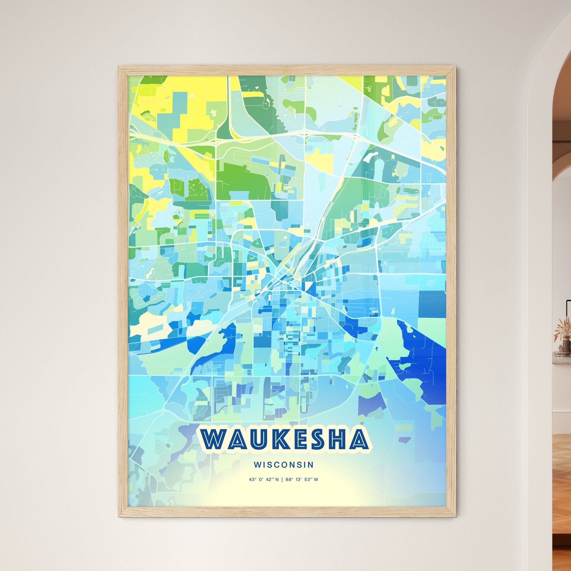 Colorful WAUKESHA WISCONSIN Fine Art Map Cool Blue