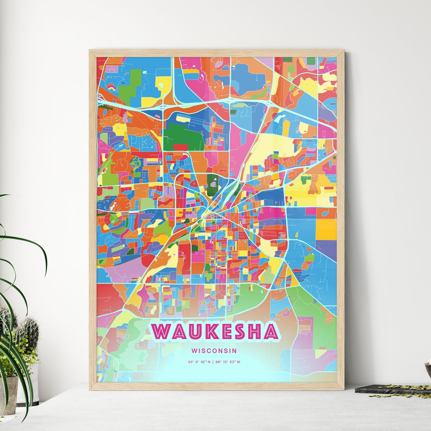 Colorful WAUKESHA WISCONSIN Fine Art Map Crazy Colors