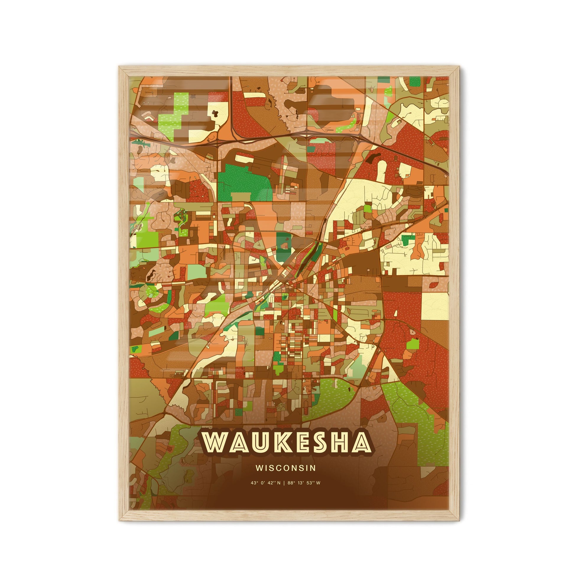 Colorful WAUKESHA WISCONSIN Fine Art Map Farmhouse