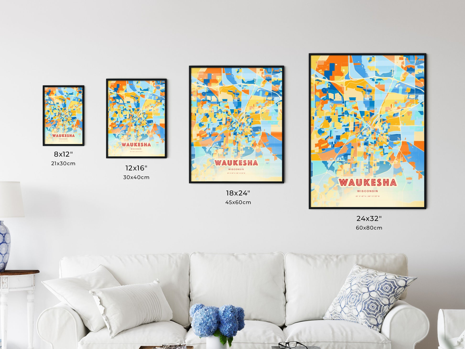 Colorful WAUKESHA WISCONSIN Fine Art Map Blue Orange