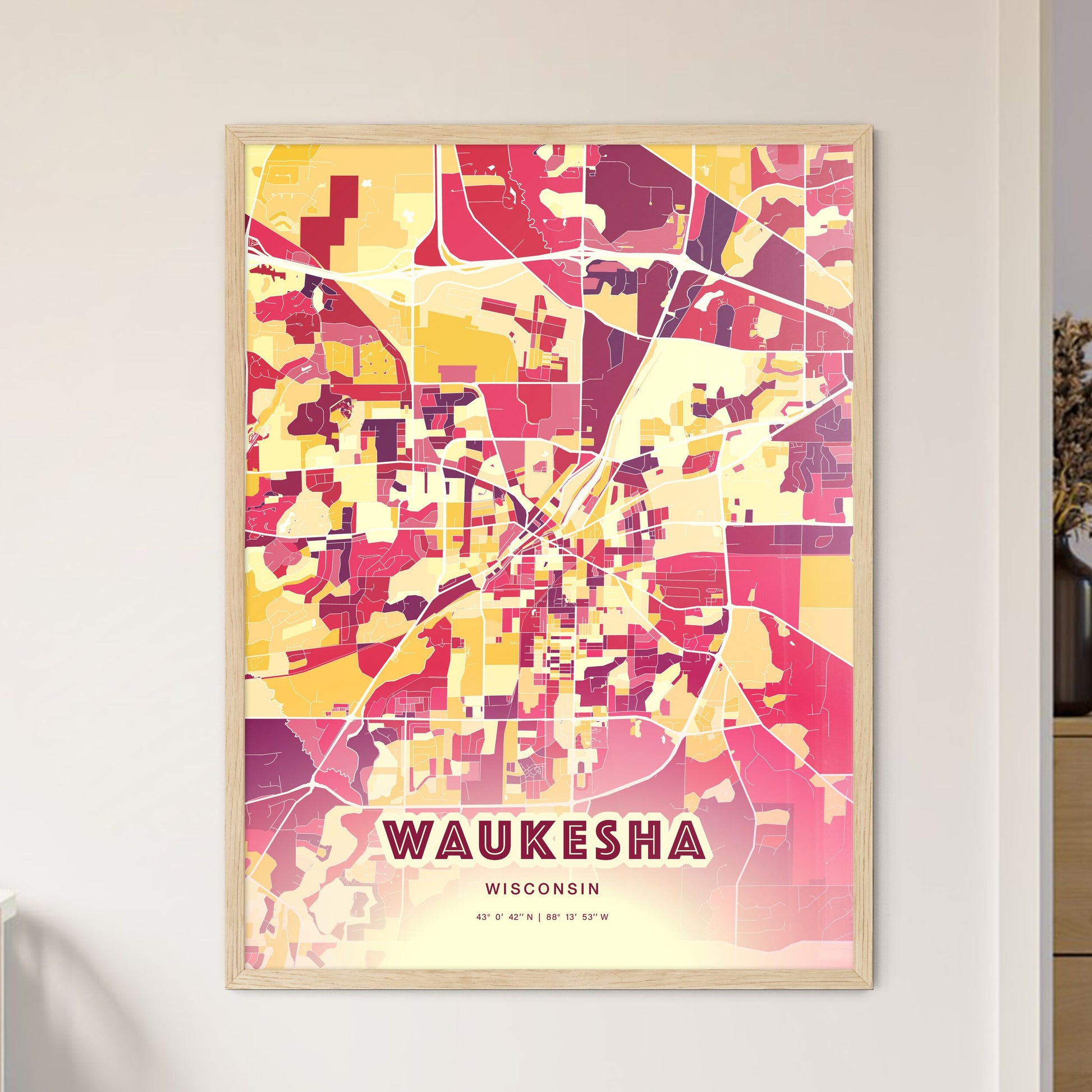 Colorful WAUKESHA WISCONSIN Fine Art Map Hot Red