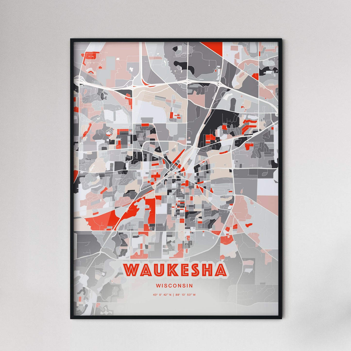 Colorful WAUKESHA WISCONSIN Fine Art Map Modern