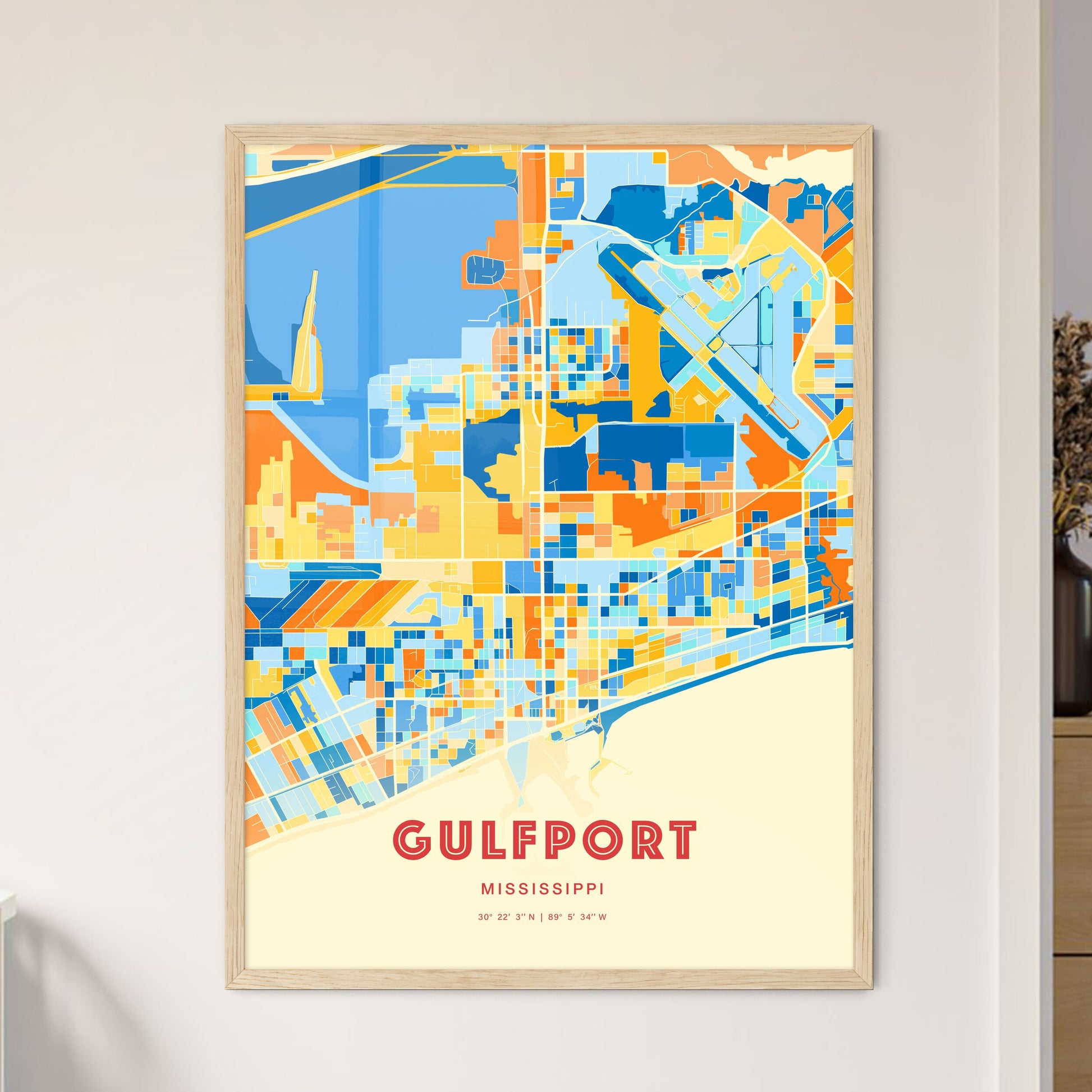 Colorful Gulfport Mississippi Fine Art Map Blue Orange