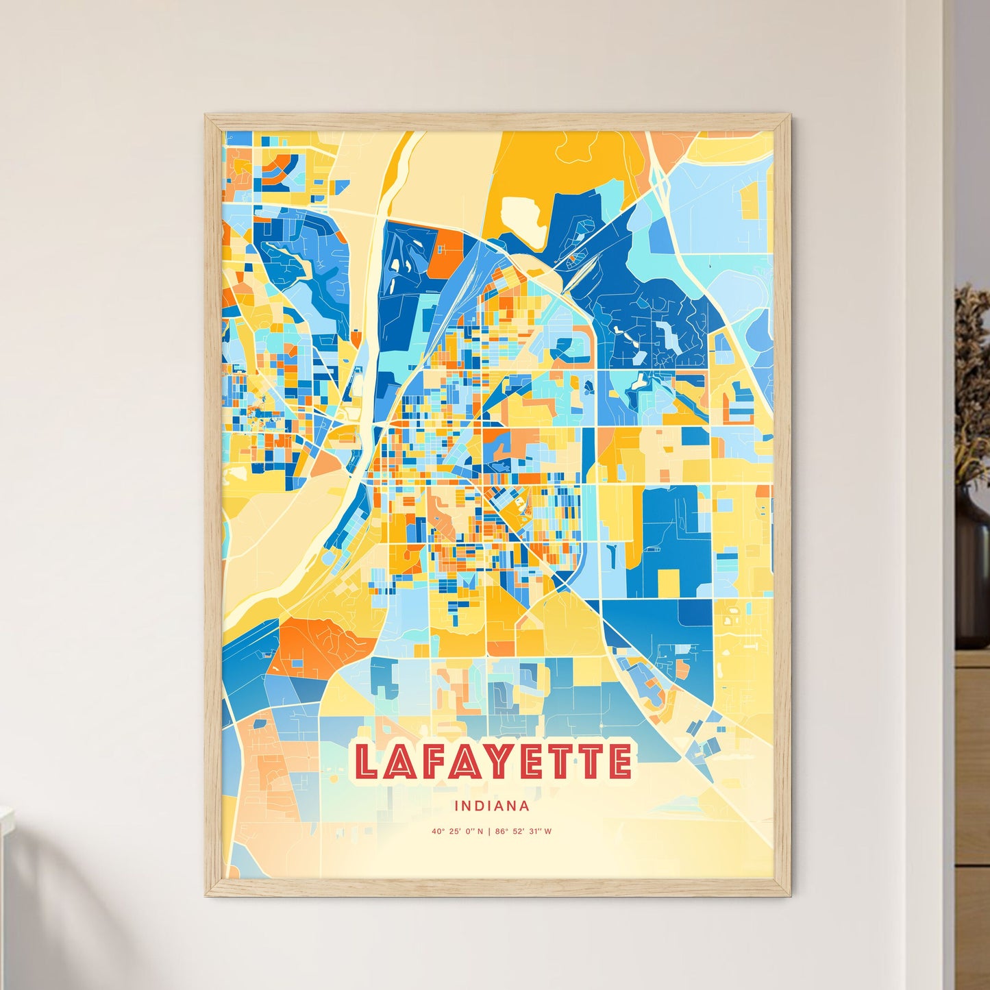 Colorful Lafayette Indiana Fine Art Map Blue Orange