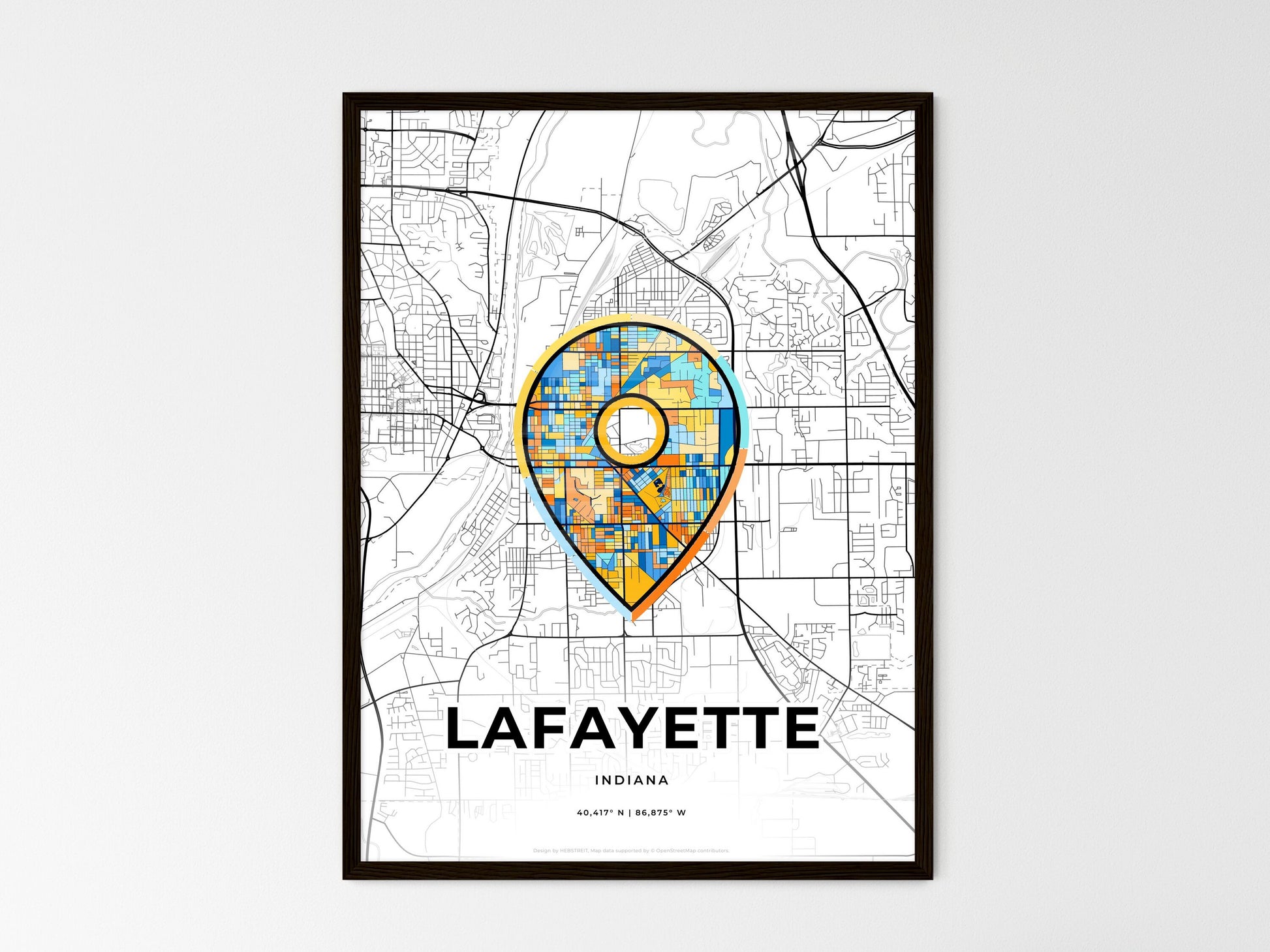 Lafayette Indiana wedding art map with pointer icon