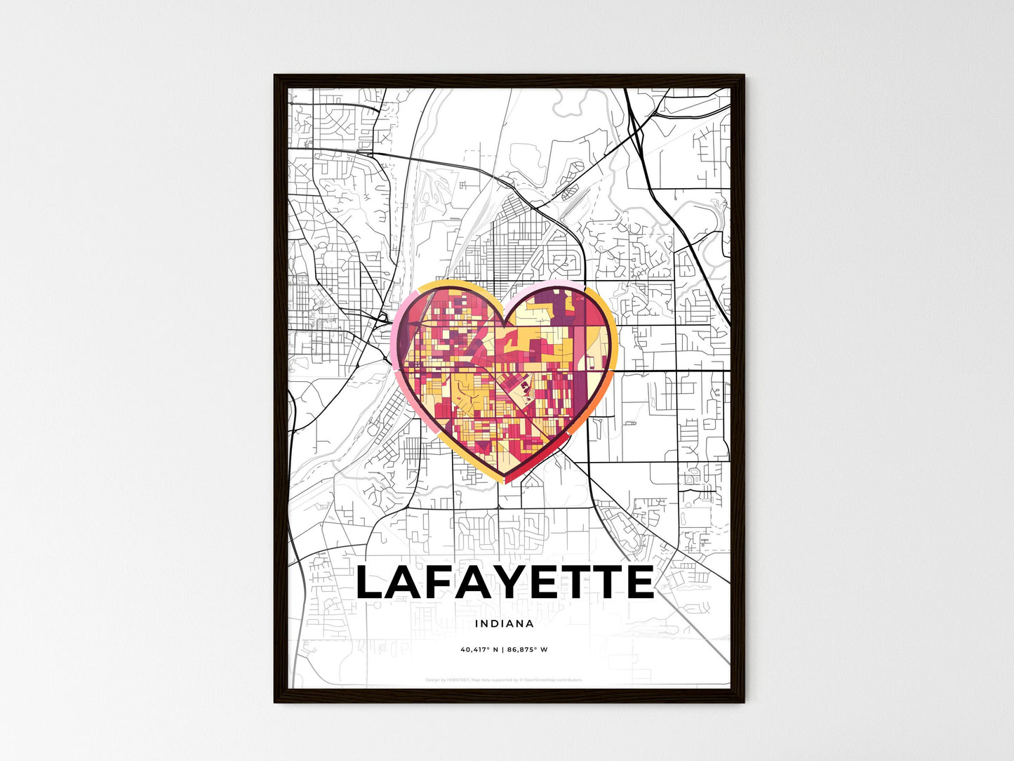 Lafayette Indiana wedding art map with heart icon