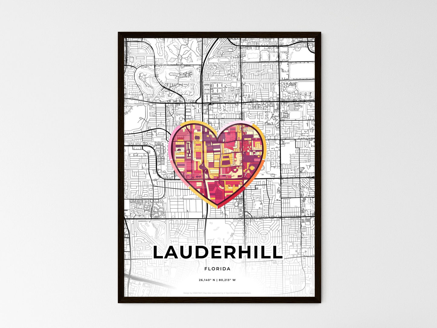 Lauderhill Florida wedding art map with heart icon