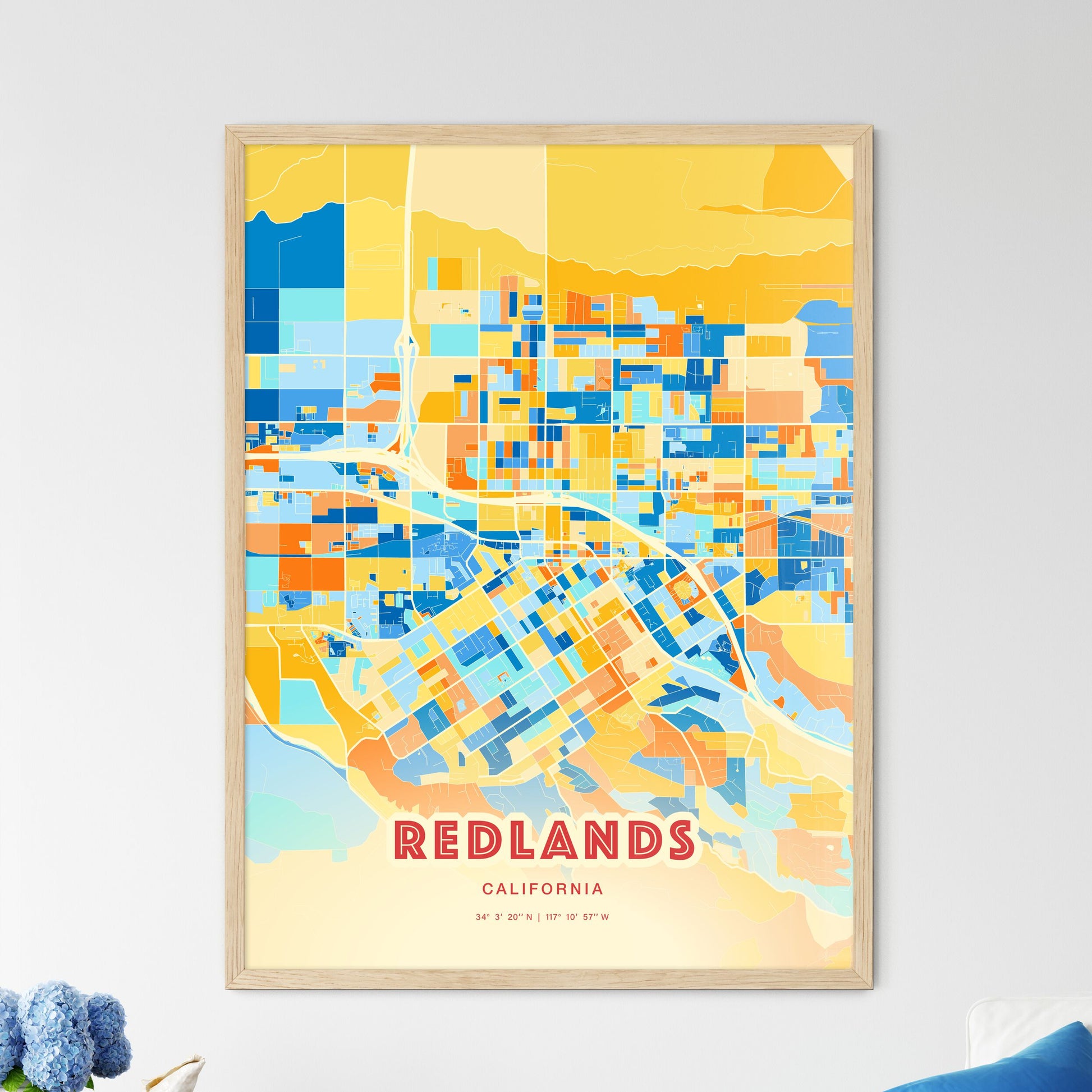 Colorful Redlands California Fine Art Map Blue Orange