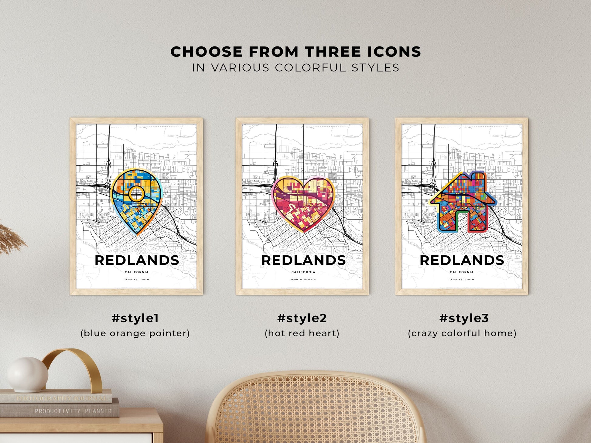 Redlands California maps with colorful icons