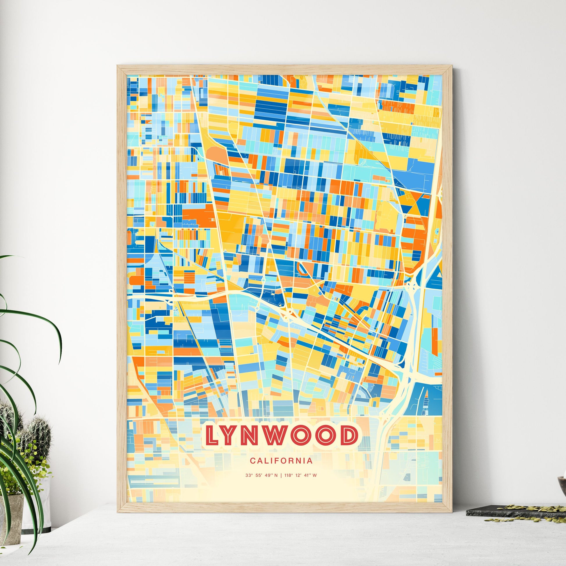 Colorful Lynwood California Fine Art Map Blue Orange