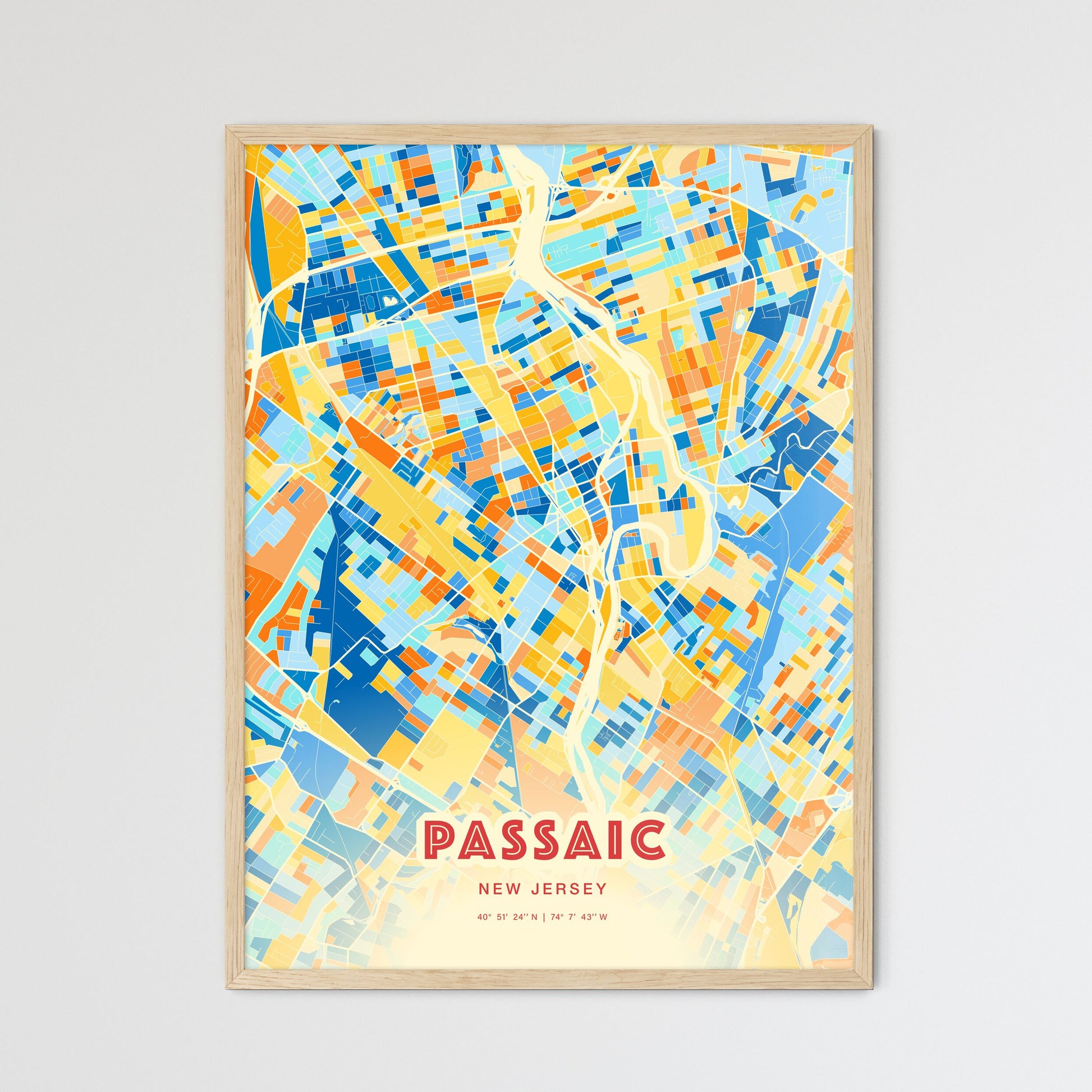 Colorful Passaic New Jersey Fine Art Map Blue Orange